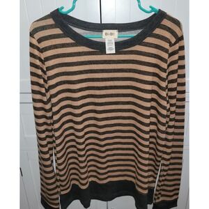BiBi Womens Large Tan Charcoal Striped Long Sleeve Scoop Neck Knit Top boutique